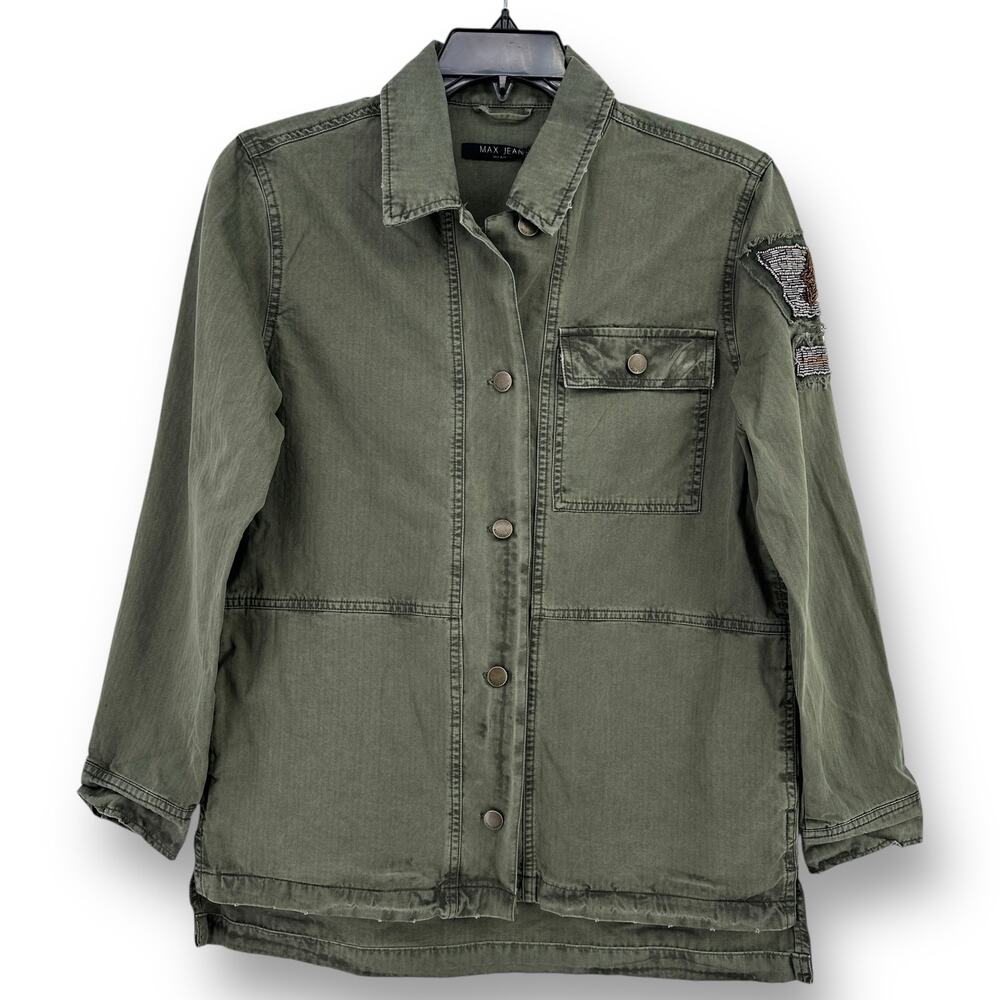 Max Jeans Military Beaded Utility Jacket Womens Size Medium Washed Olive Green